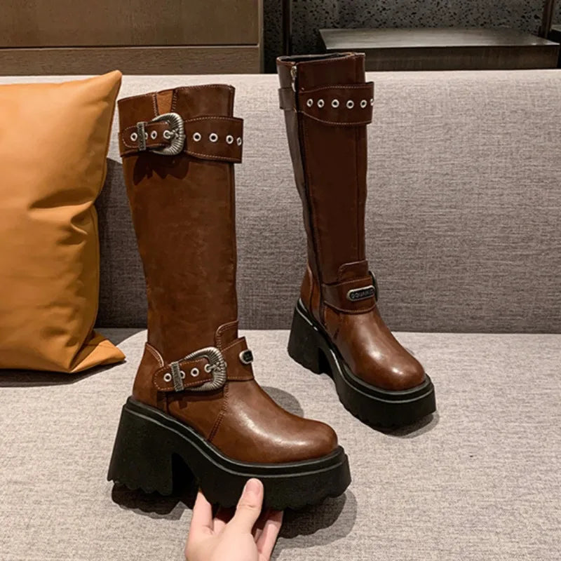 Women's Thick Heel Cotton Boots New Winter Round Head Side Zipper Rivet Metal Belt Buckle Thick Sole Non-slip Boots