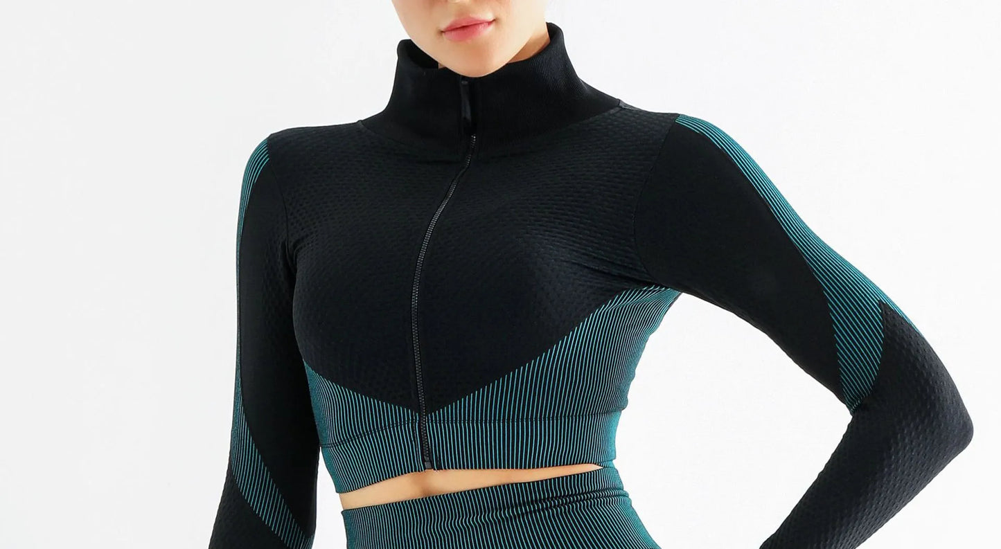New  Spring Autumn Set Reticulate Stretch Fitness Seamless  Sportswear Suit For Women
