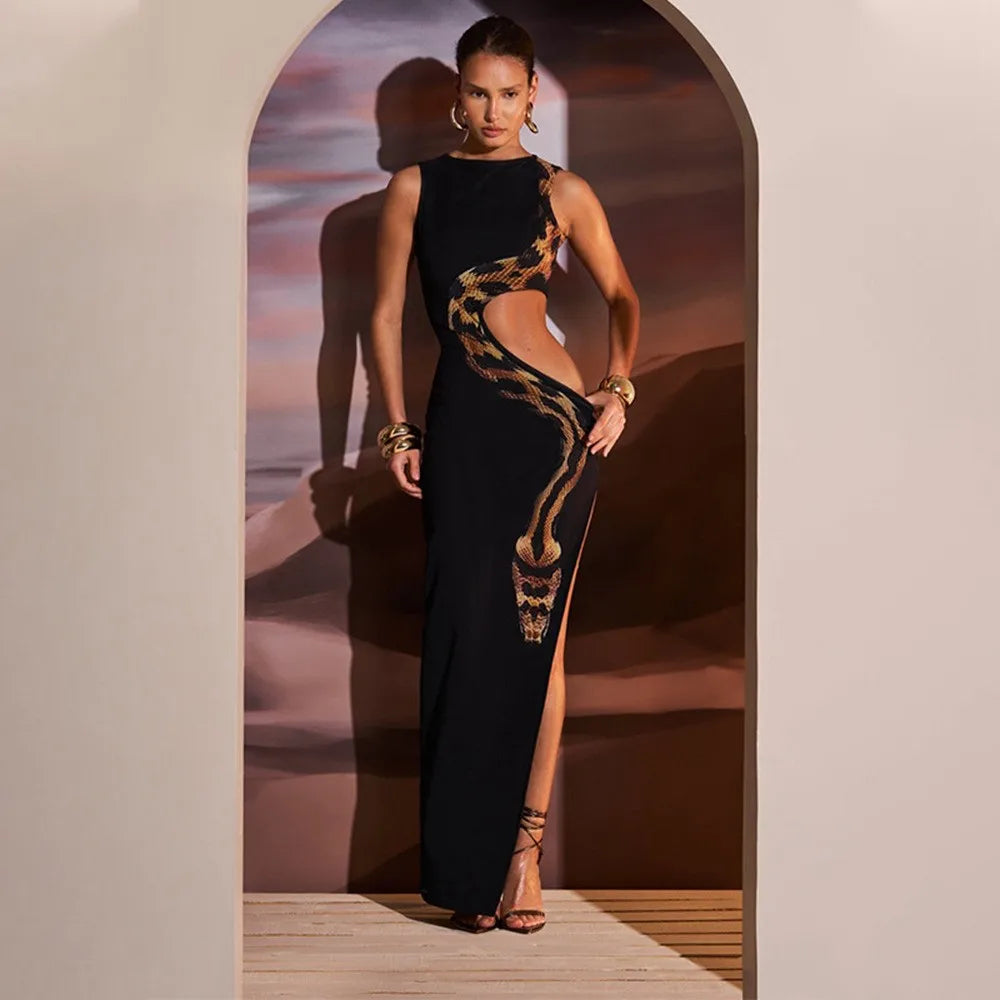 European And American Traditional Wear Dress Women's Long Black Maxi Dress Side Slit Cutout Waist Snake Print Hollow Out Round