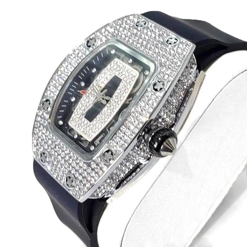 Hot Fashion Diamond Watch For Women Elegant Iced Jewelry Watches Sport Rubber Strap Tonneau Wristwatch Ladies Gift