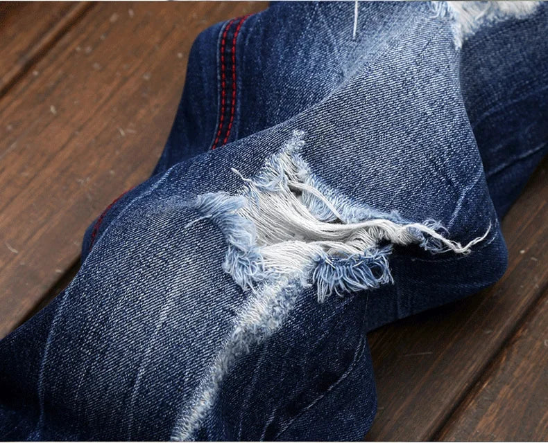 New Men's Ripped Vintage Jeans Straight Denim Trousers Male Distressed Personalized Motorcycle High Street Spliced Jeans Pants