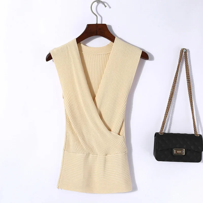 Sexy Deep V Neck Sweater Women 2025 New Womens Clothing Slim Bottoming Large Elastic Knitwear Rib Cotton Sleeveless Top Jerseys