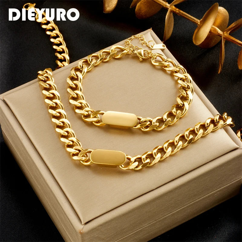 DIEYURO 316L Stainless Steel Gold Silver Color Geometric Chain Necklace Bracelet For Women Girl New Trend Non-fading Jewelry Set