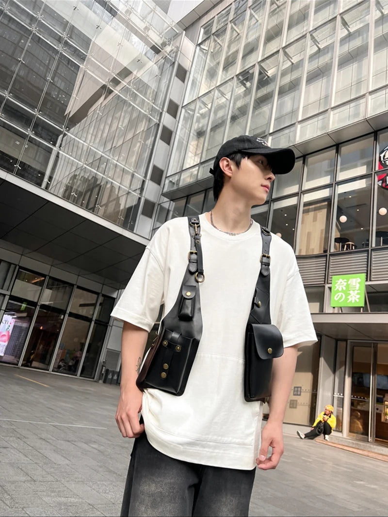 Men Women Steampunk Vintage PU Leather Shoulder Harness Bag Double Phone Wallet Case Holster Viking Underarm Purse Bag Costume