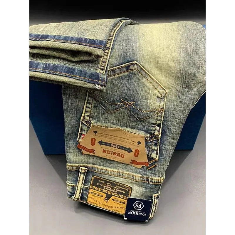 Street Fashion Men Jeans Retro Blue Elastic Slim Ripped Jeans Men High Quality Brand Designer Vintage Denim Pants Hombre