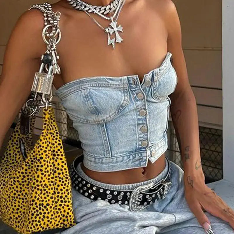 Combhasaki Women's Y2K Button Down Slim Fit Denim Tube Tops Off Shoulder Party Short Wrap Chest Backless Smocked Vest Bandeau