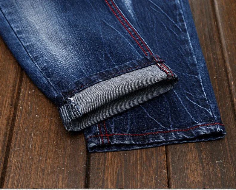 New Men's Ripped Vintage Jeans Straight Denim Trousers Male Distressed Personalized Motorcycle High Street Spliced Jeans Pants