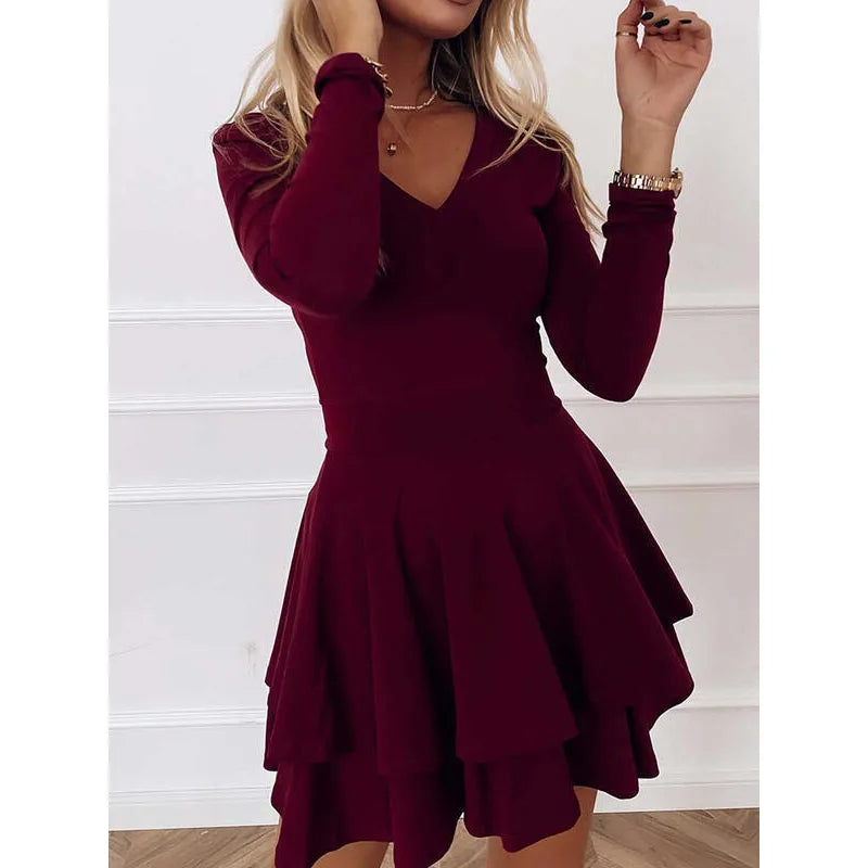NEW Autumn V-Neck Solid Color Fashion Mid Waist Pullover Panel Bottom Fashion Versatile Style Long Sleeve Women's Dress