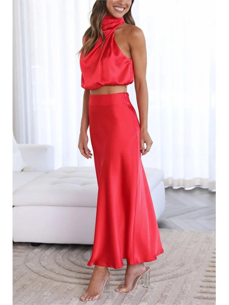 Women's Two-Piece Satin Long Skirt Sleeveless Fashion Off The Shoulder Elegant Solid Color Short Top A-line Skirt Two-Piece Set