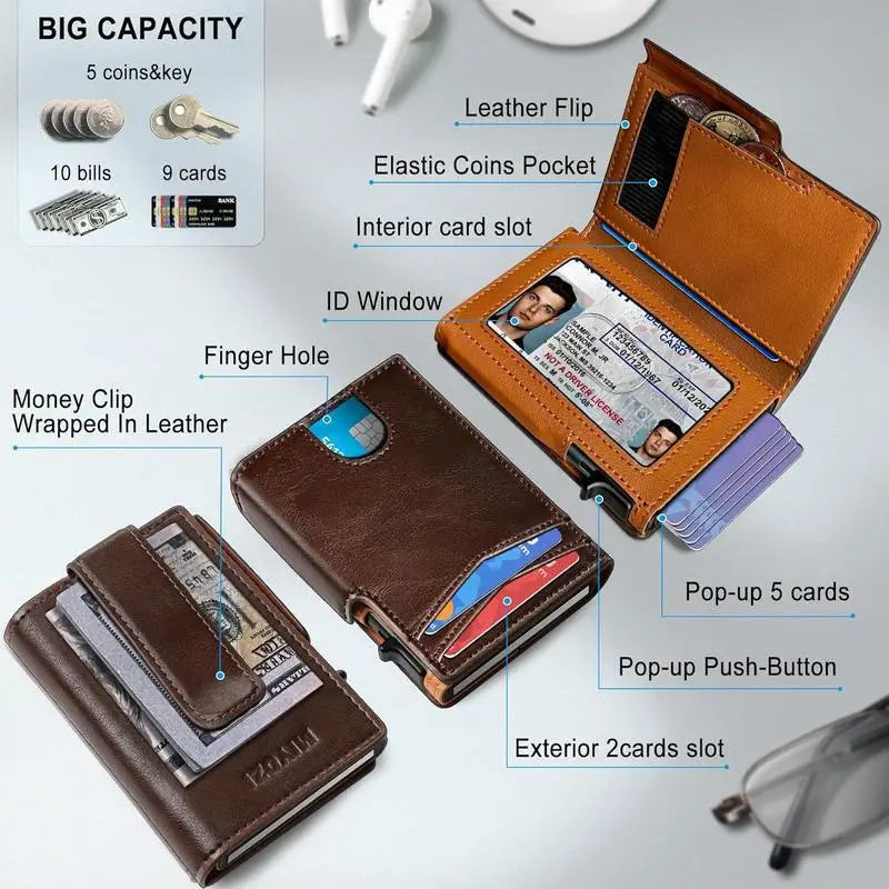 OUIO New Black Leather Wallet For Men Slim Bifold RFID Blocking Wallet With Pop-Up Metal Card Holder Card Sleeves POP UP Wallet
