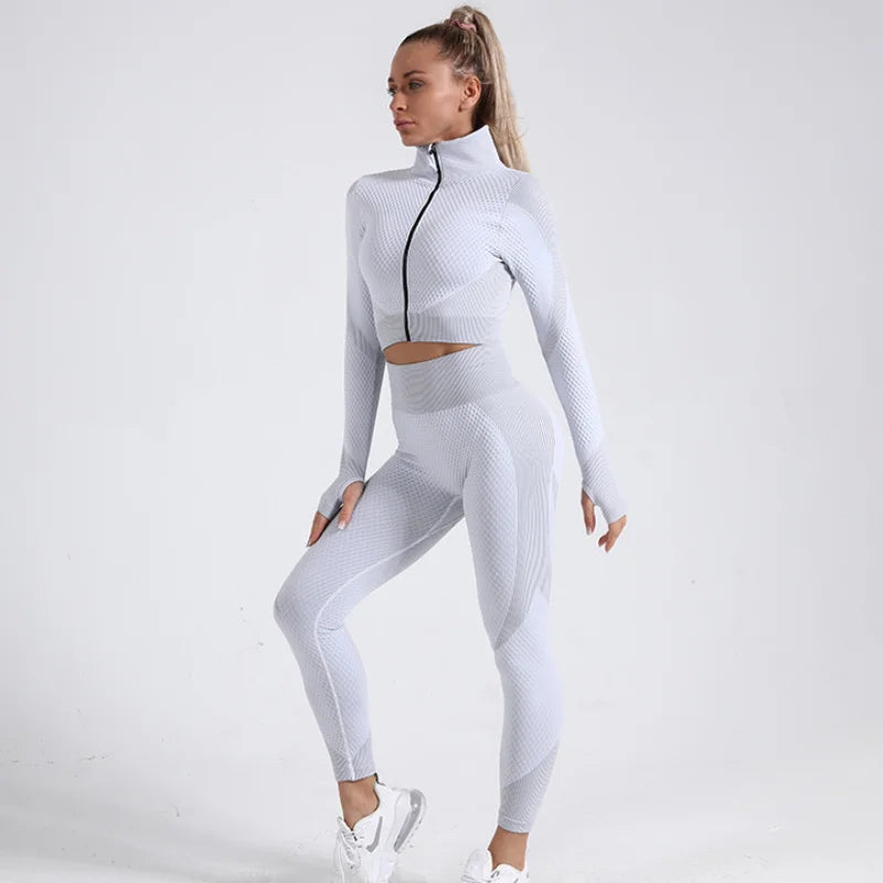 New  Spring Autumn Set Reticulate Stretch Fitness Seamless  Sportswear Suit For Women