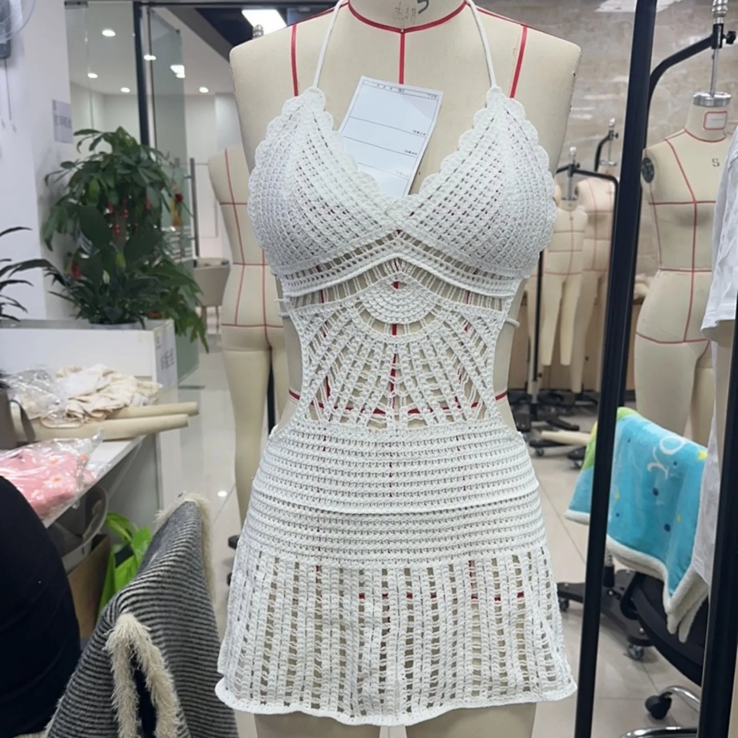 Women Summer Holiday Beach Halter Crochet Dress Solid Color Cutout Backless Slim Fit Knitted Mini Dresses
