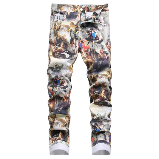 Men Classical Painting Print Jeans Fashion Angel Immortal Stretch Pants Streetwear Plus Size Printed Slim Tapered Denim Trousers
