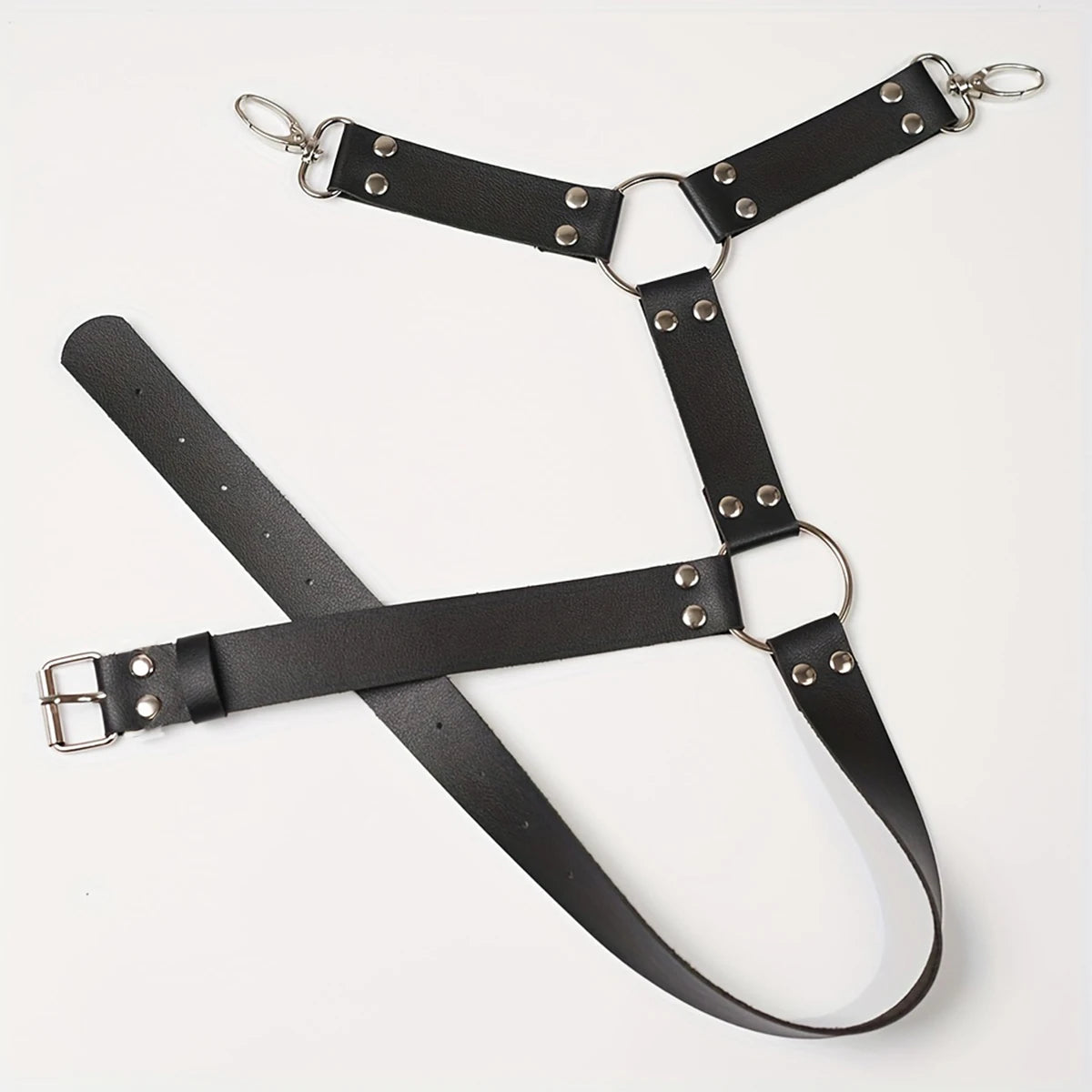 Men Punk Gothic Black PU Leather Waist‑Thigh Body Harness, Adjustable Straps Decor Accessory for Rave Festival Halloween Club