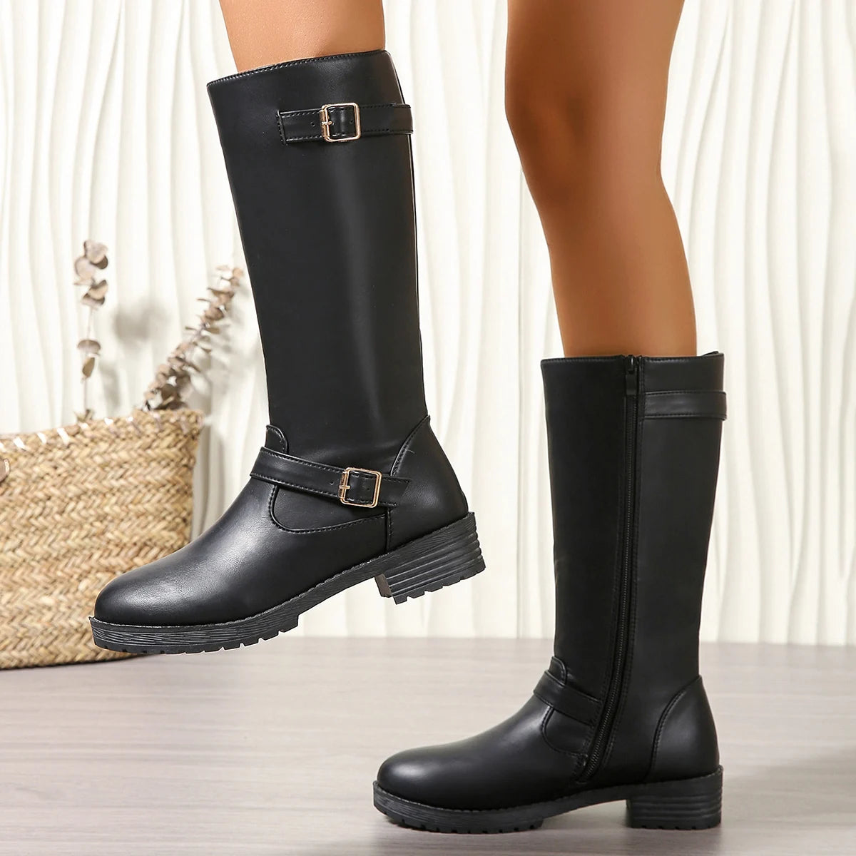 New Pu Leather Knee Boots for Women Shoes Buckle Metal Decoration Fashion Outdoor Ladies Footwear Long Black Platform Boots