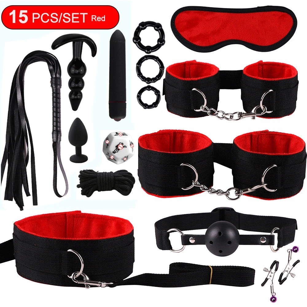 Hot Exotic Bed B+ndage Set B+SM Kits Exotic S*x Toys For Women  Adults Games Leather Handcuffs Whip Gag Nipple Clamps S*x