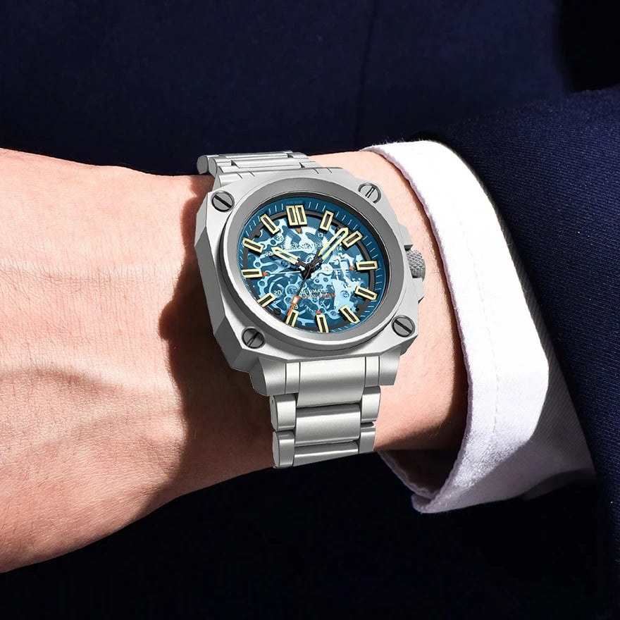 FeelNever Kreative Herrenuhr mit Automatikwerk, ausgehöhlt, modisch, lässig, sportlich, Militär, Leder, wasserdicht, mechanische Uhr + Box
