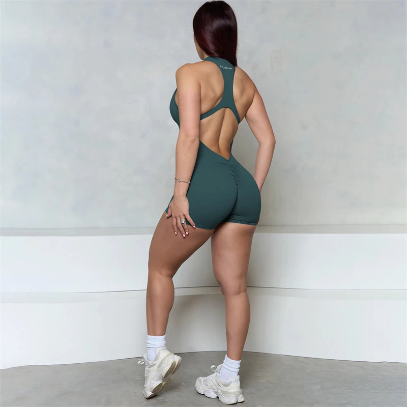 Women Bum Sleeveless ZIPPER Scrunch Butt Romper Women Sporty Jumpsuit Lycra Short Fitness Gym Overall New Workout Clothes