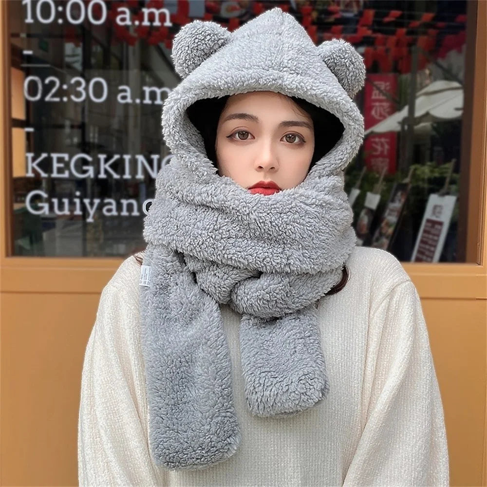 Winter Lamb Wool 3-In-1 Cute Bear Ear Hat Scarf Gloves Set Women Caps Warm Casual Plush Neck Hats Casual Fleece Girls Beanies