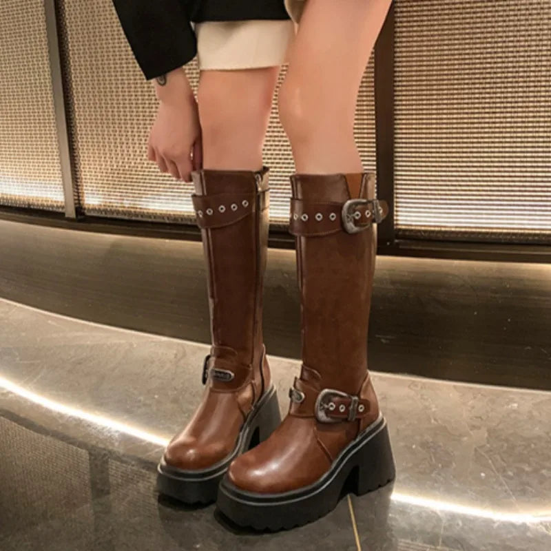 Women's Thick Heel Cotton Boots New Winter Round Head Side Zipper Rivet Metal Belt Buckle Thick Sole Non-slip Boots