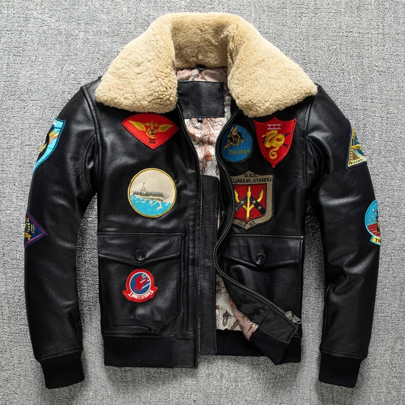 Men's High Quality Genuine Cow Leather Jacket G1 Pattern Pilot Vintage Air Force Jackets Warm Fur Collar Coat Top Gun Same Style