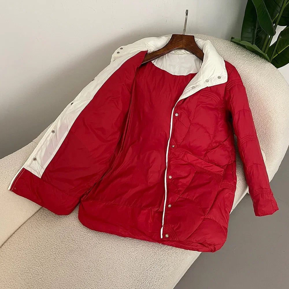 New  Autumn Winter Down Jacket Women Classic Mid-Length Warm Korean Style Loose 90 White Duck Down Jacket Stand Collar Coat