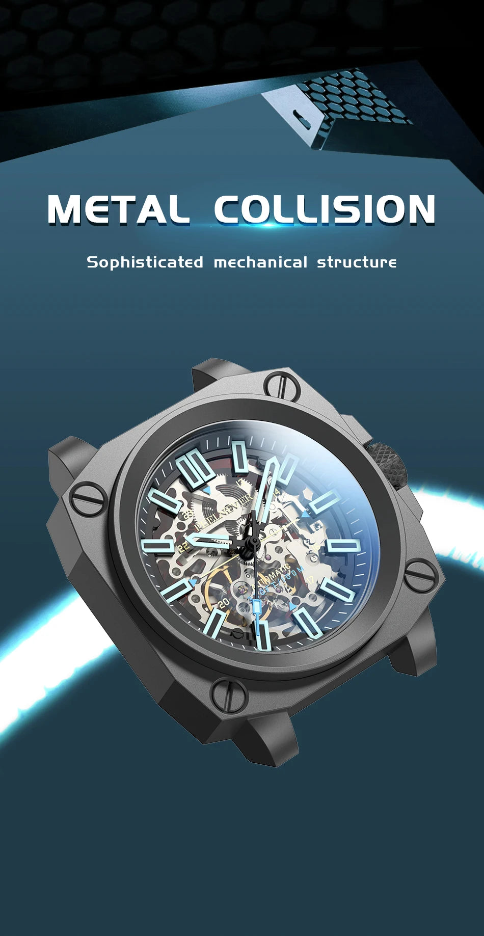 FeelNever Kreative Herrenuhr mit Automatikwerk, ausgehöhlt, modisch, lässig, sportlich, Militär, Leder, wasserdicht, mechanische Uhr + Box