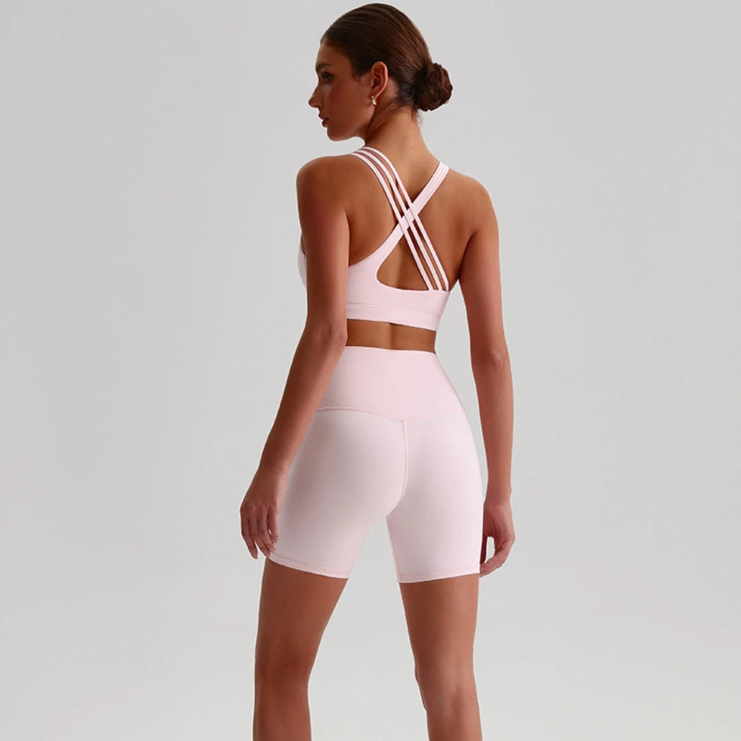 Solid Color High Waist Gym Yoga Short Legging Set Tight Women Cross Back High Impact Shoulder Strap Fitness Bra Top Sportwear