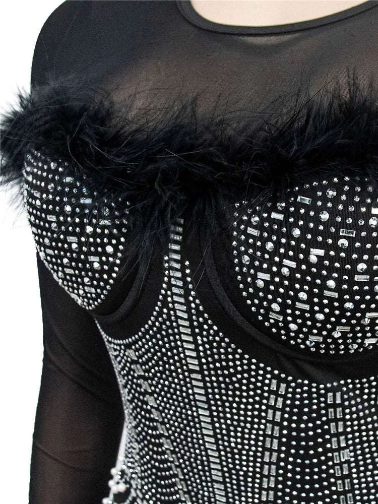 HBLL Sparkle Sequin Feather Short Party Dress Womens Glitter Mesh Sequins Birthday Dresses Shoulder Padded Celebrities Outfits