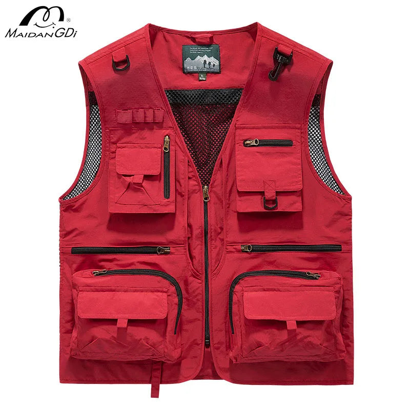 MaiDangDi V-neck Sleeveless Men's Vest Breathable Mesh Lining Mens Jacket Multi Functional Convenient Pockets for Men Clothing