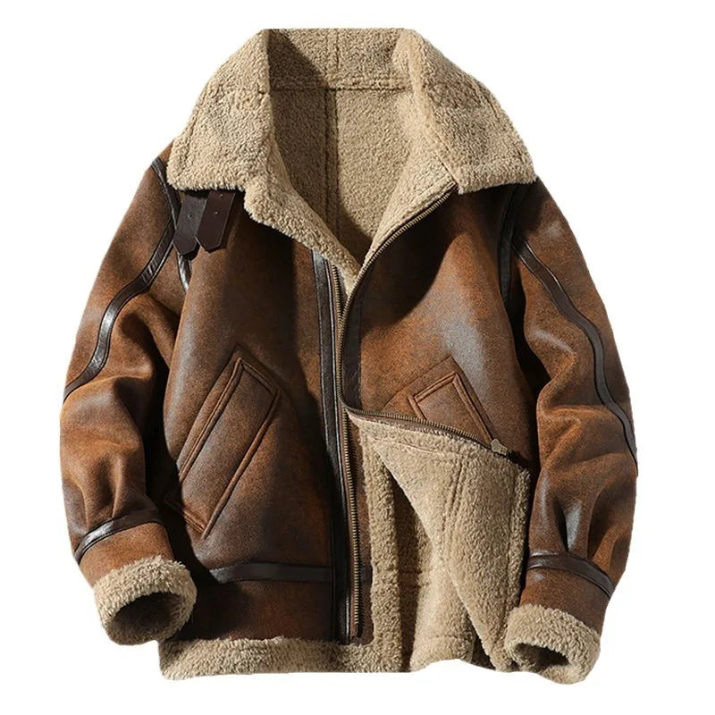 Mens Retro Suede Lambhair Jacket Thick Winter Fur Large Size Motorcycle Leather Coat Trendy
