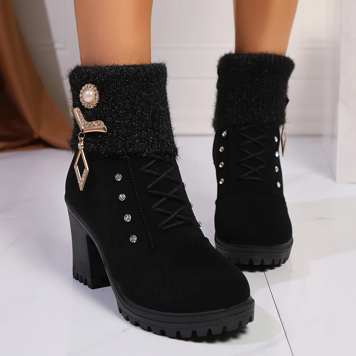 Thick Heel Large Size Fashion Boots Zipper Rhinestone Wool Top Plus Velvet Women's Boots New Autumn/winter High Heel Snow Boots