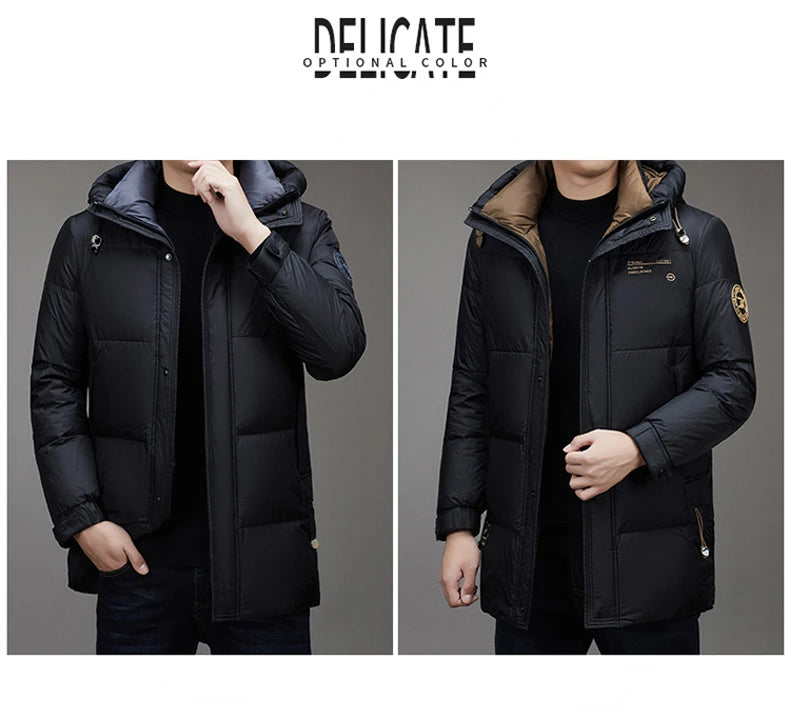 Leichte Luxus-Daunenjacke für Herren, lang, Winter 2024, trendig, 90 % weiße Entendaunen, warmer Mantel, Business-Casual-Mütze, leichte Daunenjacke