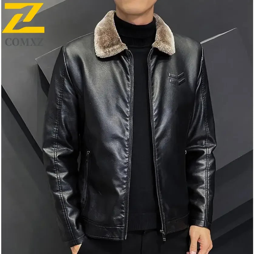 Winter Fashion Warmth Thickened Leather Jacket Lapel Solid Zipper Design Plus Size 4XL-M WorkCoat Men's Leather Jacket