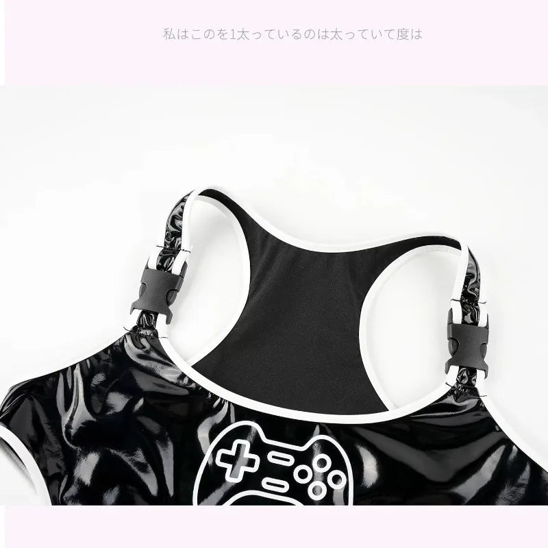 Anime Cartoon Game Controller PU Leather Bodysuit Cosplay Women Cyberpunk Sexy lingerie Shiny Club Wear Outfit