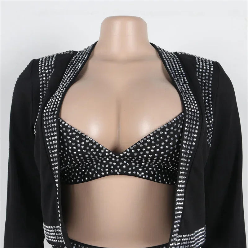 Sparkly Diamonds 3 Piece Short Sets Woman Outfits Rhinestones Luxury Cropped Jacket Top and Bra and Shorts Set Clubwear