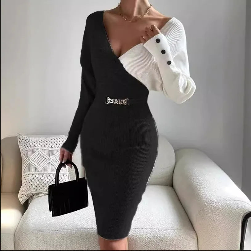 Women's Spring Summer Long Sleeved Fashion Splicing Print High Neck Sexy Split Waist Tight Wrap Hip High Waist Mid Length Dress