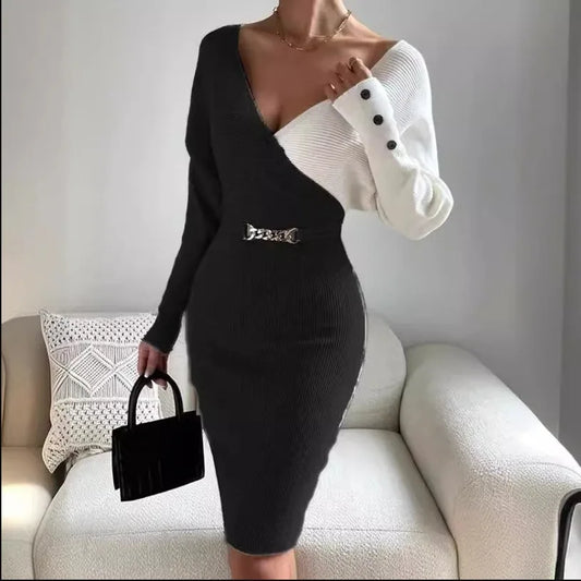 Women's Spring Summer Long Sleeved Fashion Splicing Print High Neck Sexy Split Waist Tight Wrap Hip High Waist Mid Length Dress