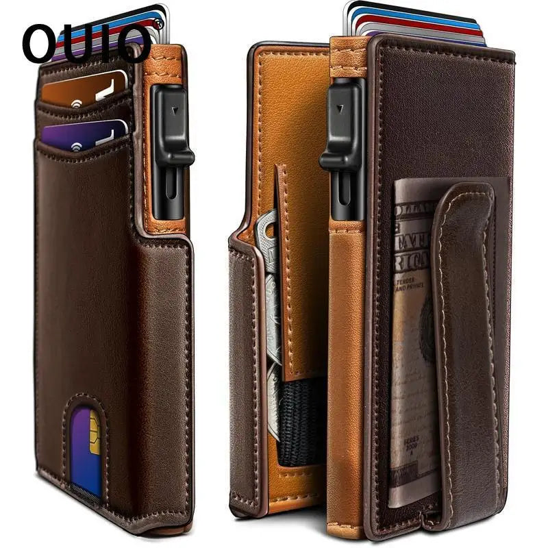 OUIO New Black Leather Wallet For Men Slim Bifold RFID Blocking Wallet With Pop-Up Metal Card Holder Card Sleeves POP UP Wallet