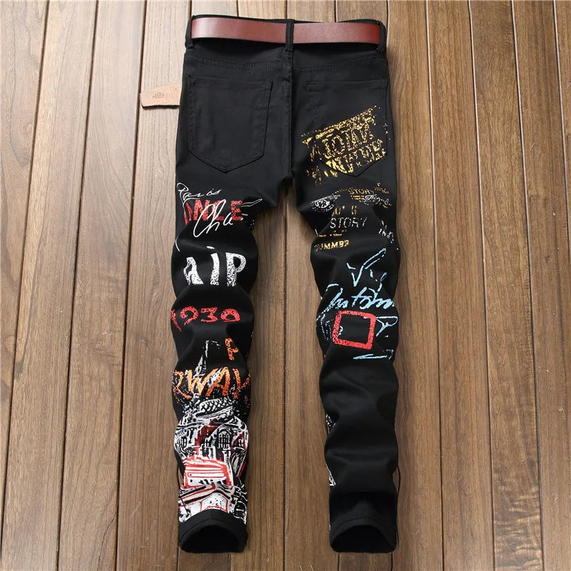 High Street Fashion Herren Jeans Nachtclub Schwarz Weiß Farbe Persönliche Designer Bedruckte Jeans Männer Punk Hosen Dünne Hip Hop Jeans