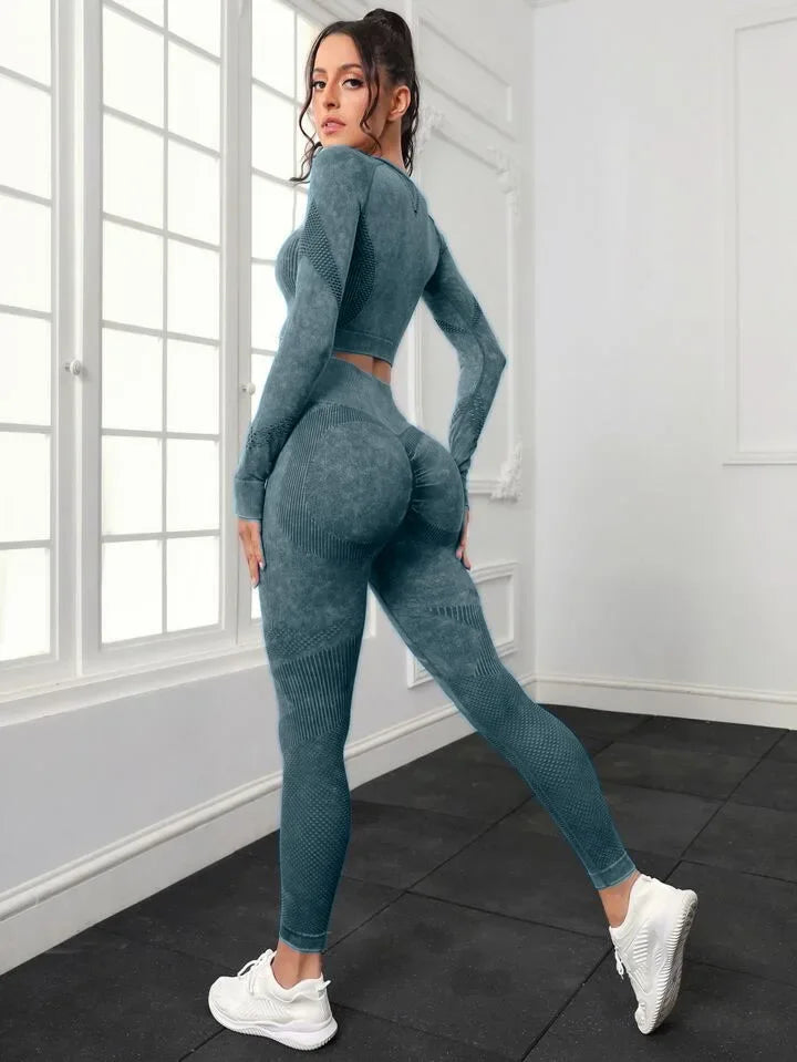 Mileegirl 2pcs Gym Sets Women Seamless Sports Pants Hollow Out Long sleeves Top Fitness Winter Fall Workout Legging Warm Outifts