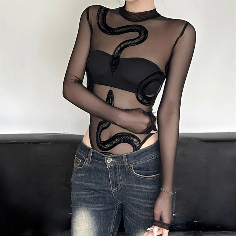 Womens Mesh Long Sleeve Bodysuit Round Neck Sheer Leotards Clothing Snake Bodysuit Top with Crotch Clubwear Gifts