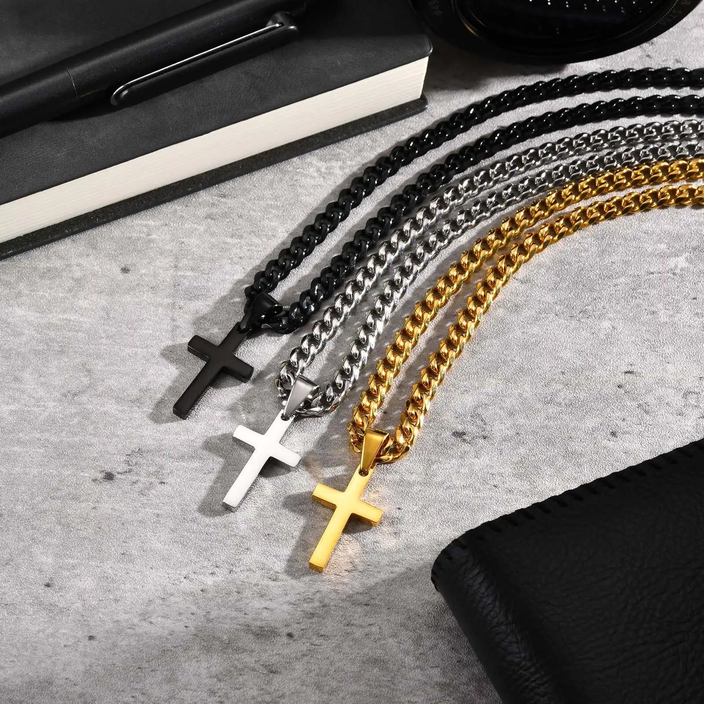 High Quality Cross Necklace for Men Boys,Stainless Steel Pendant with 5MM Cuban Chan,Classic Simple Jewelry Gift