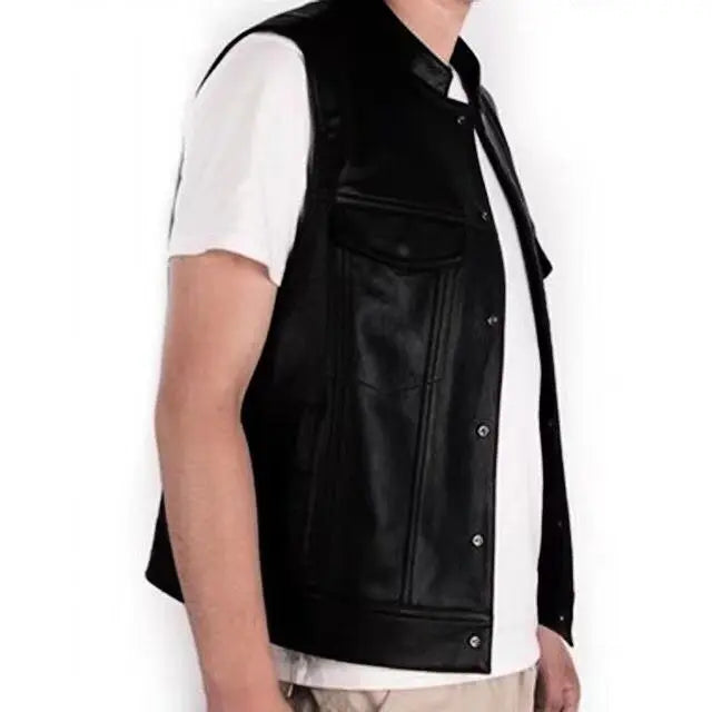 Son of Chaos in Motorcycle Style: Harley Motorcycle PU Leather Embroidered Vest Kam Shoulder Punk Fashion Leather Coat for Men
