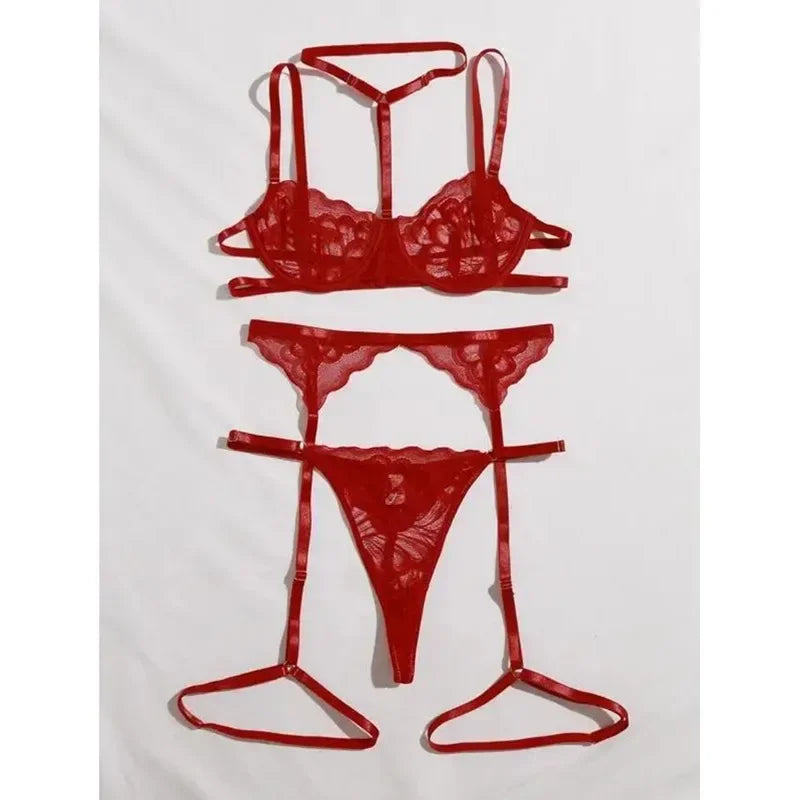 Women's Sexy Lingerie Set Floral Lace Underwear Suit For Women Mesh Hollow Out Bra Suits Female Bra Thongs Three-piece Lingerie