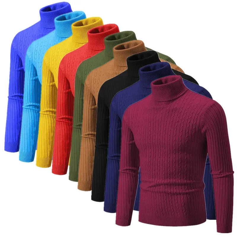 2025 New Men Solid Colour Turtleneck Sweater Black , White , Royal Blue, Fashion Simple Male Casual Pullover Tops