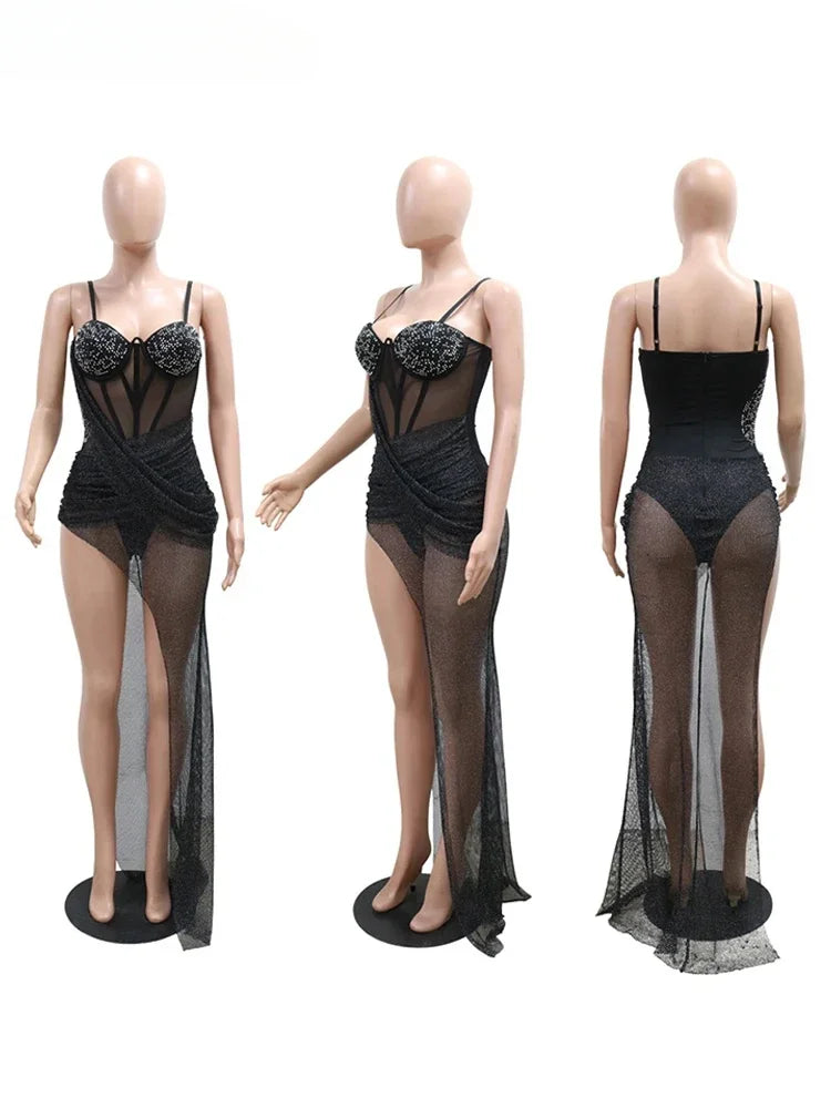 Luxury Irregular Lace Rhinestone Fish Bone Mesh Spaghetti Strips Slim Split Long Party Women Sexy Birthday Wedding Guest Dress