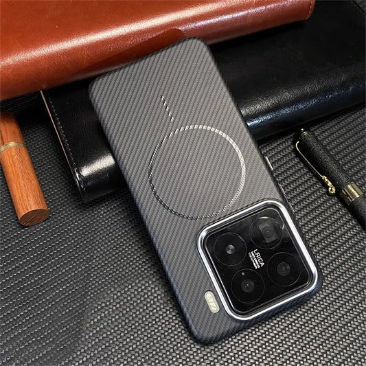 Ultra thin Carbon Fibre Pattern Metal Lens Frame Case for Xiaomi Mi 15 Pro Mi 14 Magnetic Wireless Charging Hard PC Slim Cover