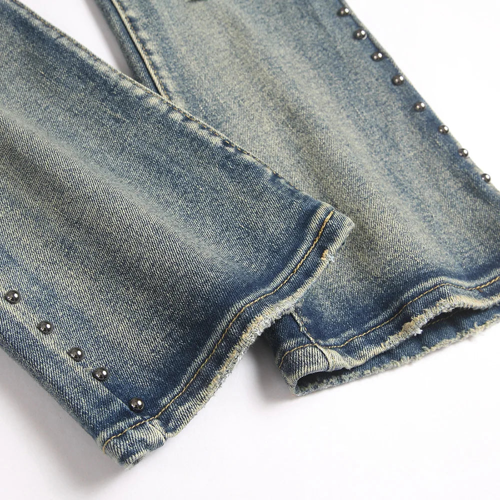 Men's Badge Patch Boot Cut Jeans Rivet Vintage Retro Blue Stretch Denim Pants Streetwear Slim Flared Trousers