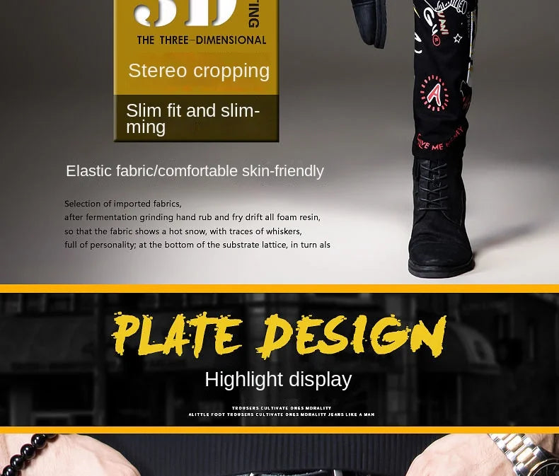 Luxuriöse Jeanshose für Herren, Hip-Hop-Jeans mit Graffiti-Print, Designer-Jeans in Slim Fit, trendige schwarze Jeans, Stretch-Cowboy-Baumwollhose für Männer